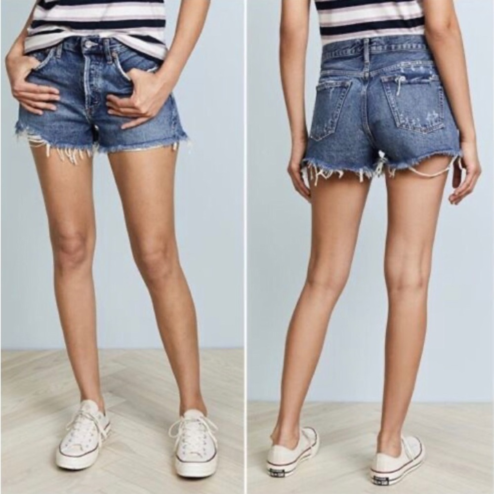 AGOLDE Sz 26 Parker Style Distressed  Buttonfly High Rise Frayed Hem Jean Shorts